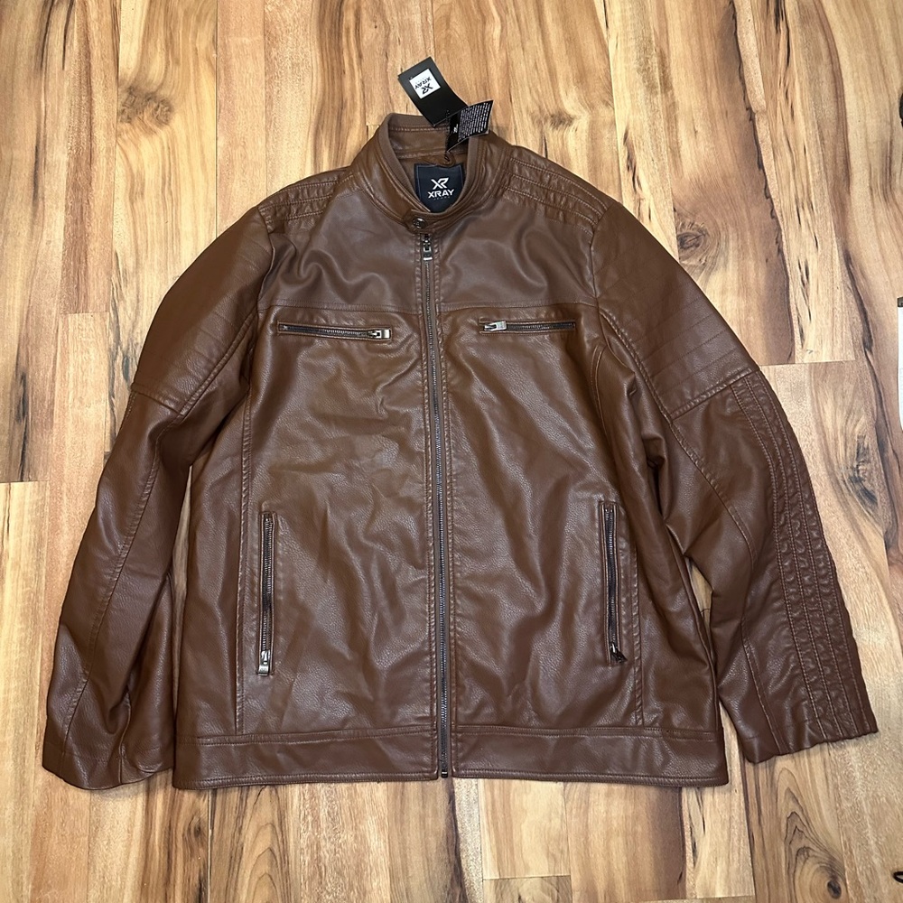 XRay Jeans Faux Leather Jacket Mens XL Brown Cafe Racer Moto Zip Biker NWT